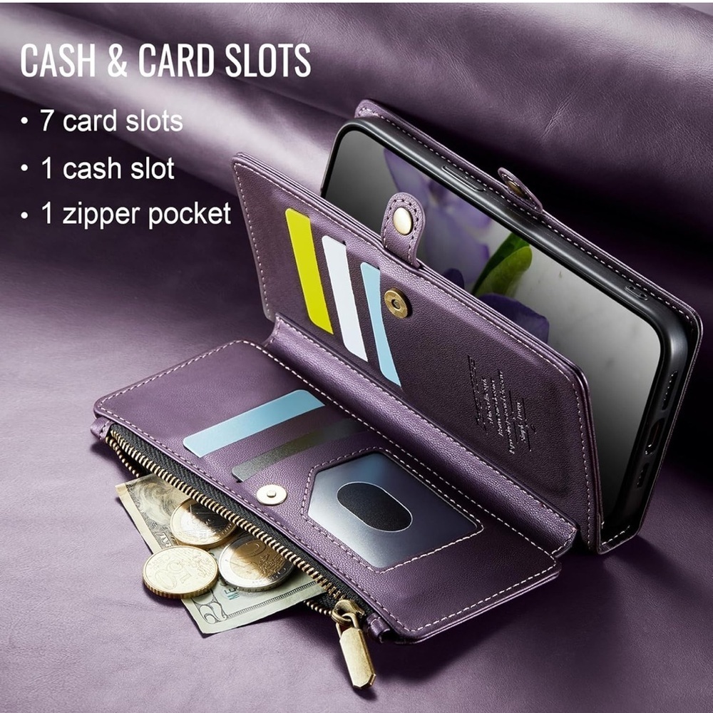 Wallet Phone Case for iPhone 16 Purple RFID Blocking - Picture 12 of 14